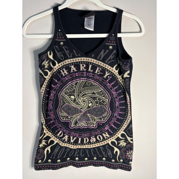 Harley-Davidson Tops - Harley Davidson Womens Black Graphic Tank Orlando Florida Skull Paisley Print M